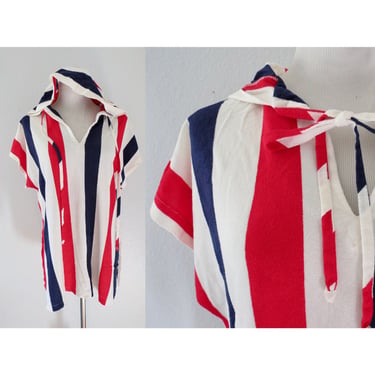 Vintage 60s Striped Top - Mod Tunic Blouse - Red White Blue Hooded Shirt - Swim Coverup - Size Medium 