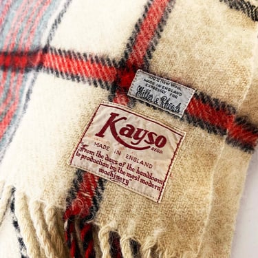 Vintage Blanket Retro Throw Twin Peaks Kitschy Cabin Rustic Lodge Christmas Kayso Wool Viscose Tartan Plaid Red Fringe England 1950s 50s 