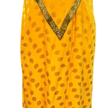Bob Mackie 70s Yellow Silk Jacquard Strapless Gown with Beaded Trim
