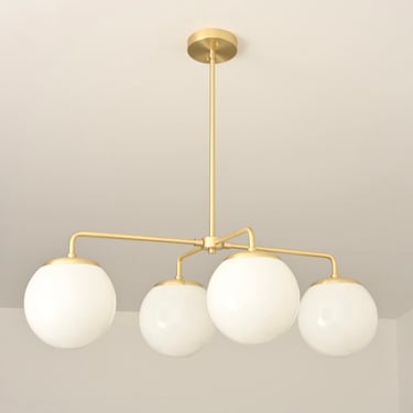 Mid Century Modern Chandelier - Hand Blown Milk glass Globes - 4 Light Fixture - Solid Brass 