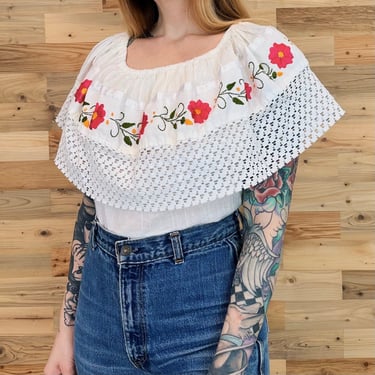 Embroidered Boho Gauze Oaxacan Off Shoulder Blouse Top 
