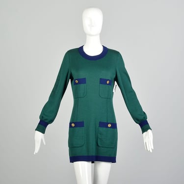 Chanel Boutique Autumn/Winter 1990/1991 Sweater Dress Long Sleeve with Tags Green Navy Mini 