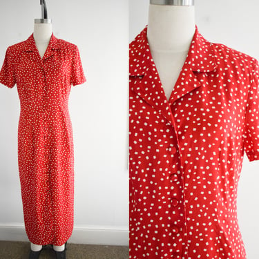 1990s Red Shirt Dress with Square Dots 