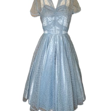 50s Ice Blue Lace and Satin Fit and Flare Party Dress