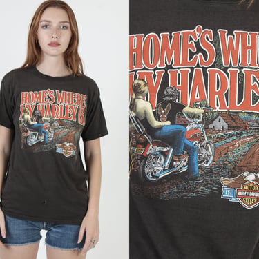 1985 Home Is Where My Harley Davidson Is Shirt, Vintage 80's 3d Emblem 2 Sided Dealer Tee Size L 