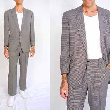 Vintage 80s Gianni Versace Black & White Diamond Houndstooth Single Button Suit | Made in Italy | Size 40/50 | 1980s Versace Designer Suit 