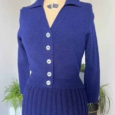 Classic 1950s Navy Blue Kimberly Knit Sweater and Skirt Set Small Medium Vintage Rockabilly Pinup 
