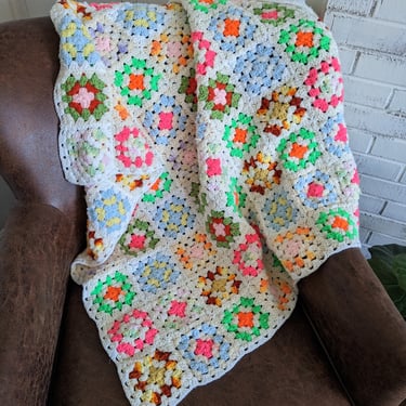 Small Vintage Bright Colorful Crochet Blanket 