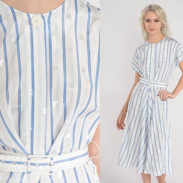 Striped Midi Dress 80s Day Dress White Blue Embossed Square Print Retro High Waisted Belt Cap Sleeve Nautical Girly Vintage 1980s Small 6 
