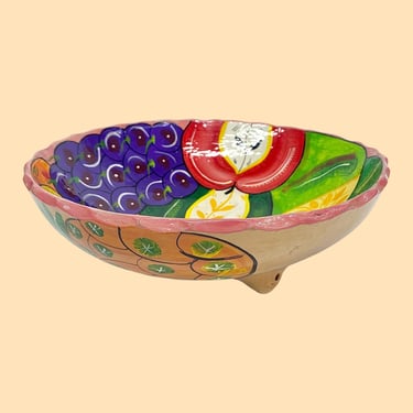 Vintage Talavera Mexican Pottery Fruit Bowl Retro 1990s Fruit and Vegetable Design + Round + Scalloped Edge + Hand Painted + Kitchen Storage 