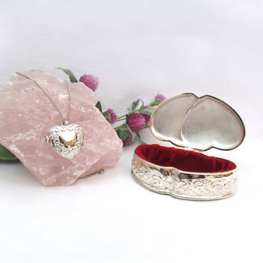 Godinger Silver Double Heart Trinket Box and Matching Locket MIB Vanity Set Victorian Bouquets 