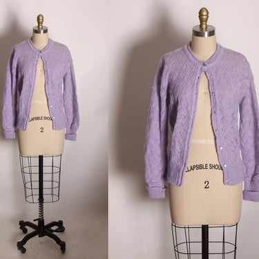 1970s Pastel Purple Acrylic and Nylon Knit Long Sleeve Sweater Cardigan by Country Craft -M 