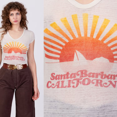 70s Santa Barbara California Sunset Tourist T Shirt - Small | Vintage Burnout Graphic Souvenir Tee 
