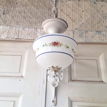 Painted Flush Mount Light with Crystal Drops, Vintage Hand Painted Light with Crystal Finials, Painted Schoolhouse Shade Fixture 