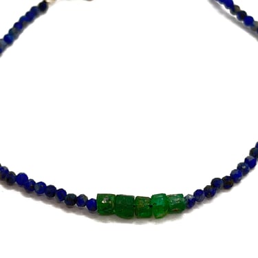 Margaret Solow | Lapis and Raw Emerald Bracelet on Silk Cord