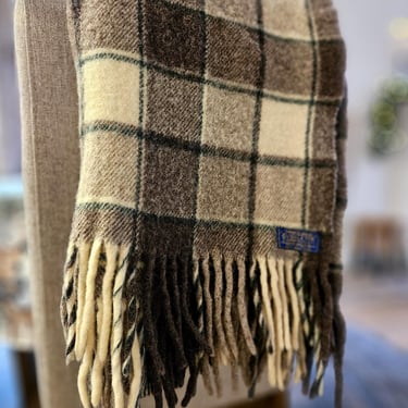 Vintage Pendleton Wool Plaid Throw Blanket | Charcoal Green Cream 