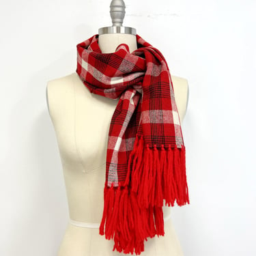 Vintage Plaid Wool Scarf with Yarn Fringe | 1960s - 1970s Handmade Red Paid Muffler 