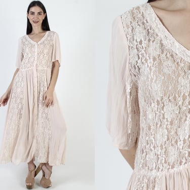 90s Nude Grunge Dress, Pale Sheer Lace Maxi, Full Skirt Gypsy Sundress, Vintage Oversized Fit 