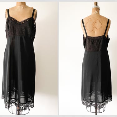 Vintage 1950’s ‘60s Dutchmaid black full slip | ‘50s dress slip, adjustable straps, lace trim, size 40, M/L 