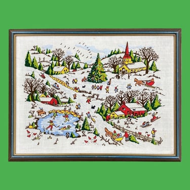 Vintage Christmas Crewel 1970s Retro Size 20x26 Farmhouse + Paragon Needlecraft + Winter’s Delight 0413 + December Snow + Holiday Embroidery 