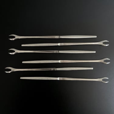 6 Vintage Stainless Steel, Kalmar Designs, Mid Century Modern, Long Handle Fondue Forks - made in Italy, Brushed Handle, Silverware Flatware 