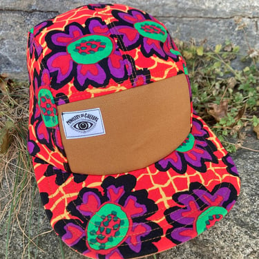 Handmade 5 Panel Camp Hat, Baseball Cap, five panel hat, Snap Back, 5panel hat, gift for him, electric orange pop art floral 