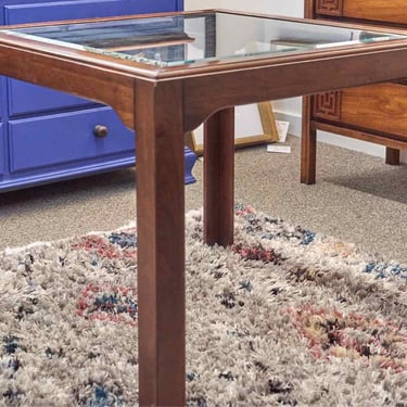 Walnut Side Table with Glass Insert &amp;  Brass Plate on Legs