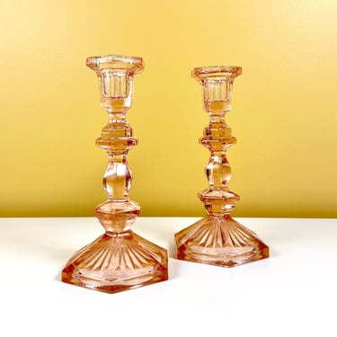 Pair of Pink Glass Candlestick Holders 