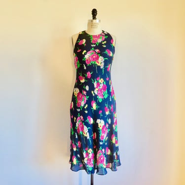 1990's Navy Blue and Pink Floral Silk Bias Cut Dress Tank Style Spring Summer Ralph Lauren Size 6 Small 