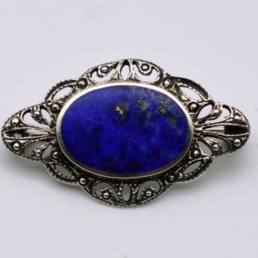 80's BOMA lapis lazuli lacy 925 silver brooch, elegant open work sterling blue oval pin 
