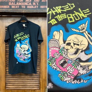 Vintage 1980’s -Deadstock- Skull Skeleton Skateboard Skate Puff Paint T-Shirt, 80’s Tee Shirt, Vintage Clothing 