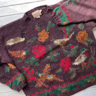 bird wool sweater 90s vintage Woolrich duck pheasant floral burgundy sweater 