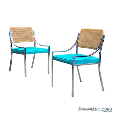 Vintage Post-Modern Sculptural Chrome Cane Back Turquoise Arm Chair - A Pair