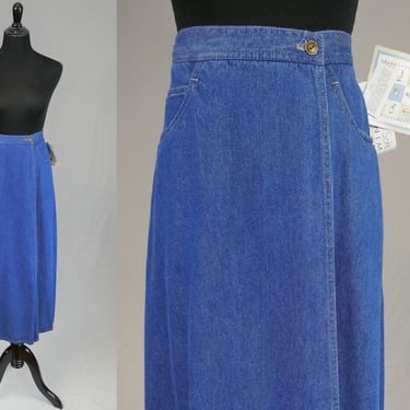 90s Long Wrap Jean Skirt - 26" to 29" waist - Deadstock w/ Tags - Blue Cotton Blend Denim - Koret City Blues - Vintage 1990s - S 