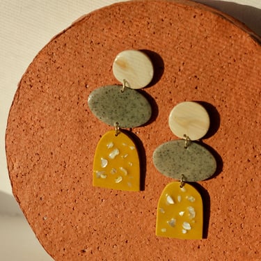 Mustard Stone Clay Statement Earrings / Marbled / Terrazzo 