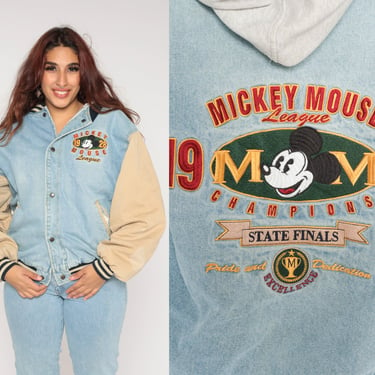 Mickey Mouse Bomber Jacket y2k Hooded Disney Denim Jacket Varsity Jacket State Finals Baseball Letterman Quilted Vintage 00s Men's Medium M 