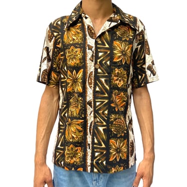 1950 Ui-Maikai Brown Tiki Tropical Cotton Hawaiian  Shirt 