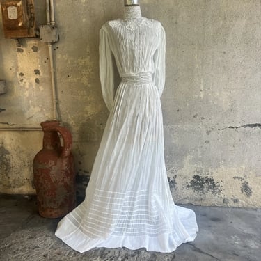 Antique Edwardian White Embroidery & Lace Tea Dress Maxi Bridal Wedding Vintage