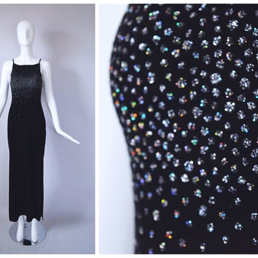 Vintage 1990s Jump Apparel Co. Black Velvet Floor Length Dress with Silver Glitter Detail | retro 90s Y2K 2000s | 