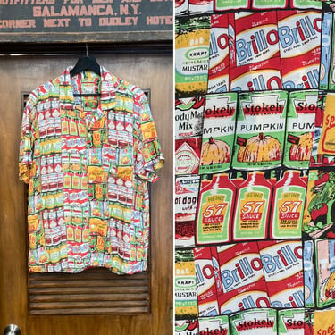 Vintage 1980’s Made In Italy “Fiorucci” Warhol Pop Art Food Products Rayon Short Sleeve Hawaiian Shirt, 80’s Loop Collar, Vintage Clothing 