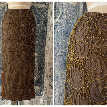 Vintage ‘90s Y2K India beaded skirt | orange glass beads on sheer black silk, melon lining, XS 