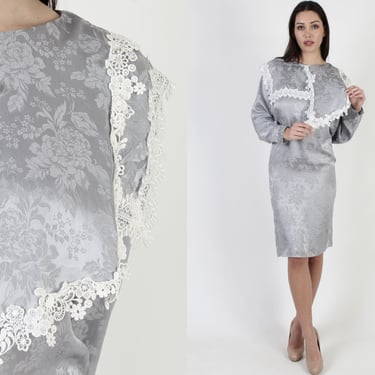 Jessica McClintock Grey Silky Dress / 1980s Victorian Style Silver Wiggle / Vintage 1980s Deco Party Mini Dress 