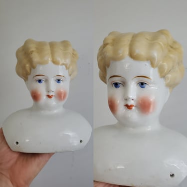 Large Antique Blonde Lowbrow China Doll Head with Painted Curls - 6.75