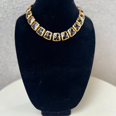 Vintage Anne Klein 80s choker necklace brush gold tone square links black inserts links 17” 