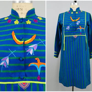 Vintage 1970s Blue & Green Striped Josefa Mini Dress, 70s Embroidered Josefa Diseños, Vibrant Mexican Dress, Folk Style, Size Small by Mo