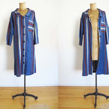 Vintage 70s Striped Button Up Shirt Dress S - 1970s Blue Purple Duster Jacket - Shirtwaist Shift Dress 