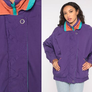 Purple Windbreaker Jacket 90s Zip Up Jacket Turquoise Orange Piping Striped Warmup Hipster Ski Jacket Vintage 1990s Warm Up 80s Medium M 