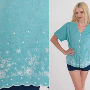 Floral Embroidered Top 80s Blue Green Blouse Retro Girly Button up Summer Shirt Short Sleeve V Neck Preppy Flower Vintage 1980s Medium M 