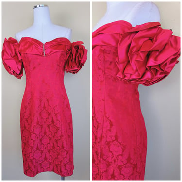1980s Vintage Zum Zum Red Hot Off Shoulder Body Con Dress / 80s Brocade Rose Ruffled Rosette Wiggle Dress / Size Medium 
