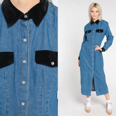 Long Denim Dress 90s Jean Velvet Collar Pearl Snap Button Up Dress Ankle Length Boho Grunge Pocket Blue Long Sleeve Vintage 1990s Medium M 